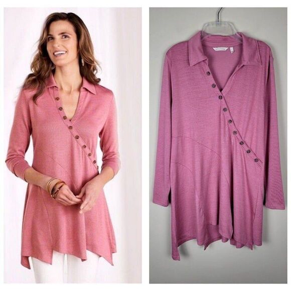 Soft Surroundings Tops - Soft Surroundings Size L Tamara Long Sleeve Asymmetrical Tunic Top Button Pink